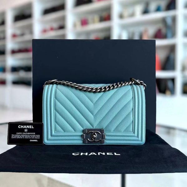 *2019, Series 29* Caviar Old Medium 25CM Chevron Grained Calfskin Light Baby Blue No 29 Supply