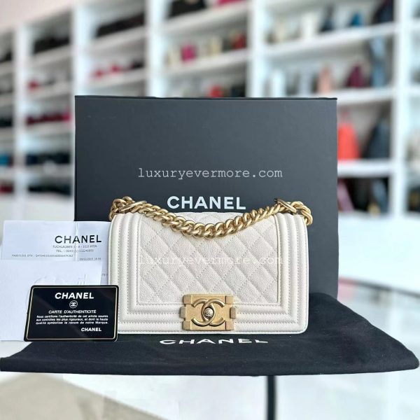 *Full Set, Receipt* Caviar Le Boy Small Quilted Cream White Golden Hardware Series 27 Online Sale