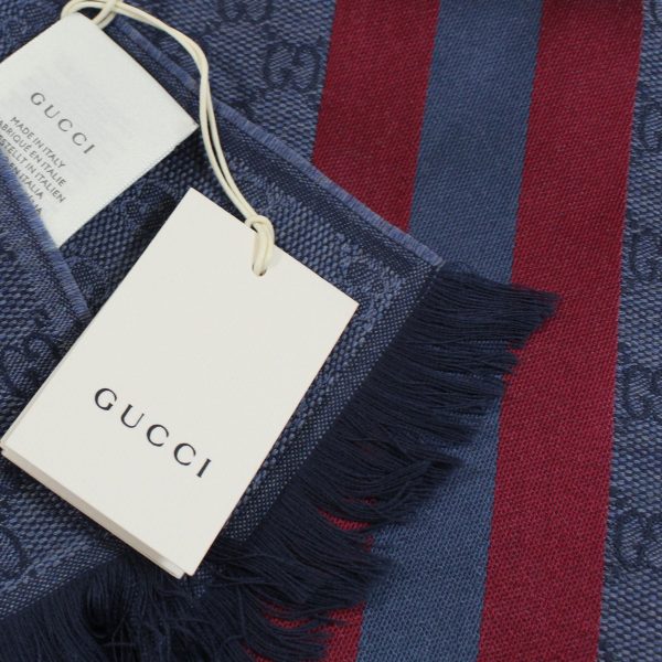 Gucci Scarf Midnight Blue Signature GG Stripe - Wool Silk Jacquard Shawl SALE For Sale