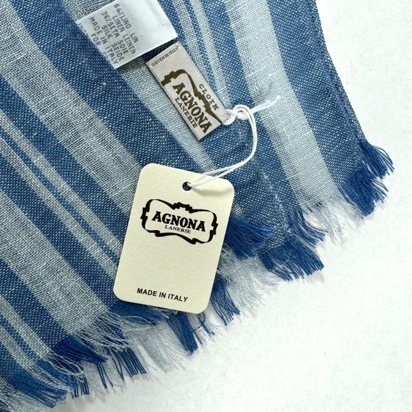 Agnona Scarf Dark Blue White Stripes Design - Linen Silk Shawl FINAL SALE Online Hot Sale