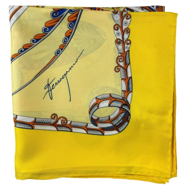 Ferragamo Scarf Yellow Fish Design - Twill Silk Foulard - New 2024 Collection - SALE Fashion