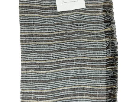 Brunello Cucinelli Linen Scarf White Gray Brown Gold Stripes - Extra Long Women Shawl FINAL SALE Sale