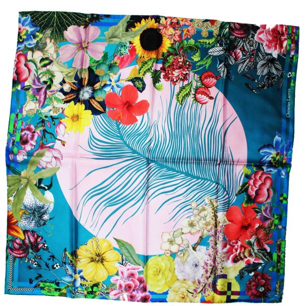 Christian Lacroix Scarf Teal Floral Design - Silk Square Foulard For Sale