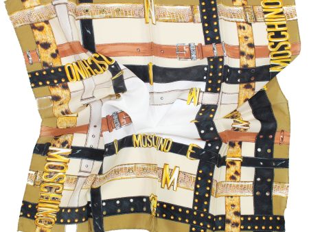 Moschino Small Scarf Brown Olive Belts With Gold MOSCHINO Design - Crepe Silk Cheap