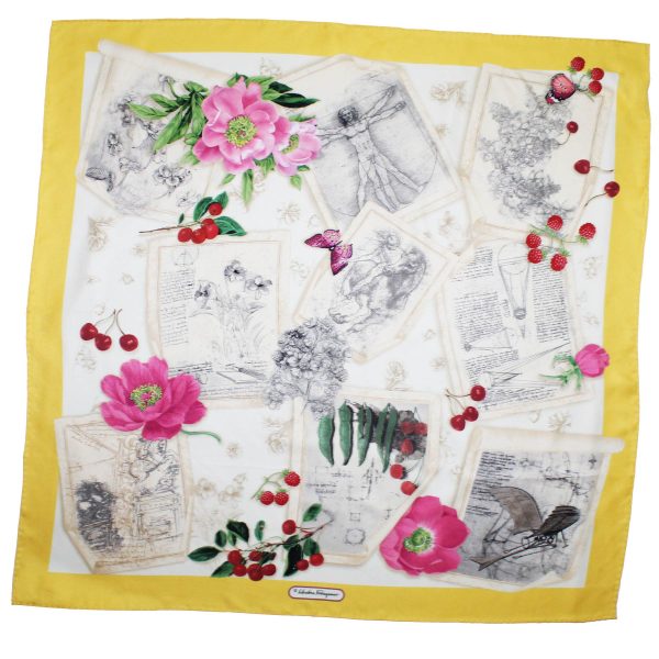 Salvatore Ferragamo Silk Scarf Flowers & Drawings Design - Large 36 Inch Square Foulard For Discount