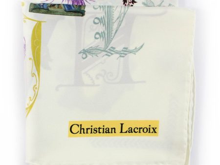 Christian Lacroix Scarf White Letters Design- Twill Silk 27 Inch Square Foulard SALE For Discount