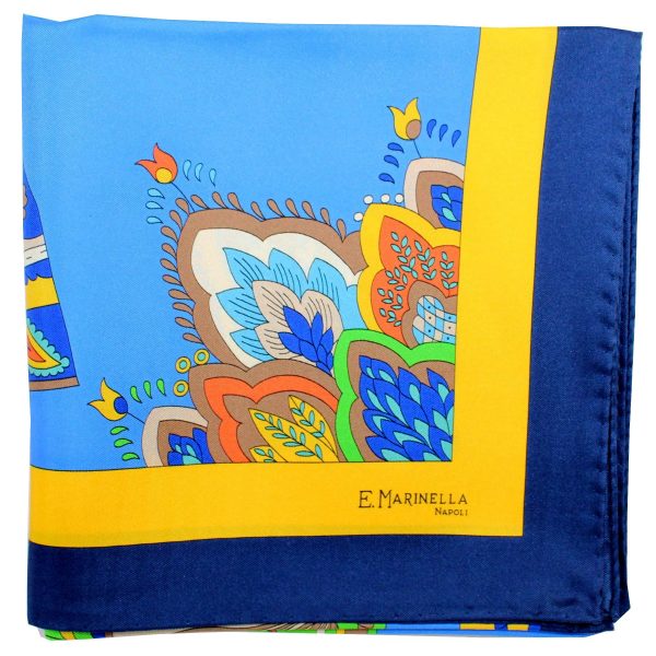 E. Marinella Scarf Navy Blue Yellow Fan & Tassel - Large Silk Square Foulard Cheap