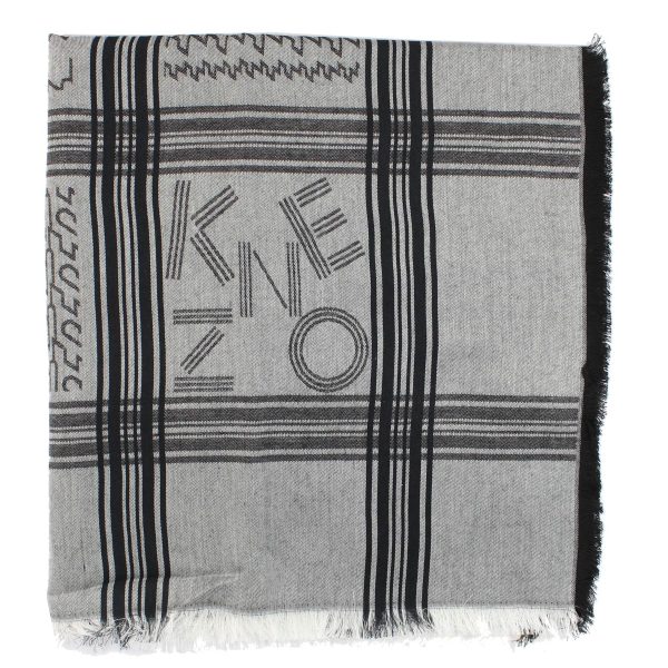 Kenzo Scarf Black Gray Houndstooth Stripes Logo Design - Large Cotton Wrap SALE Online