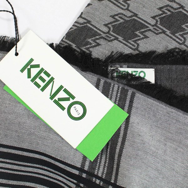 Kenzo Scarf Black Gray Houndstooth Stripes Logo Design - Large Cotton Wrap SALE Online